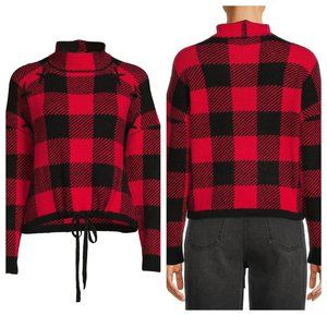 No Boundaries Juniors’ Pattern Mock On Trend Plaid Lace Up Neck Sweater Size XS